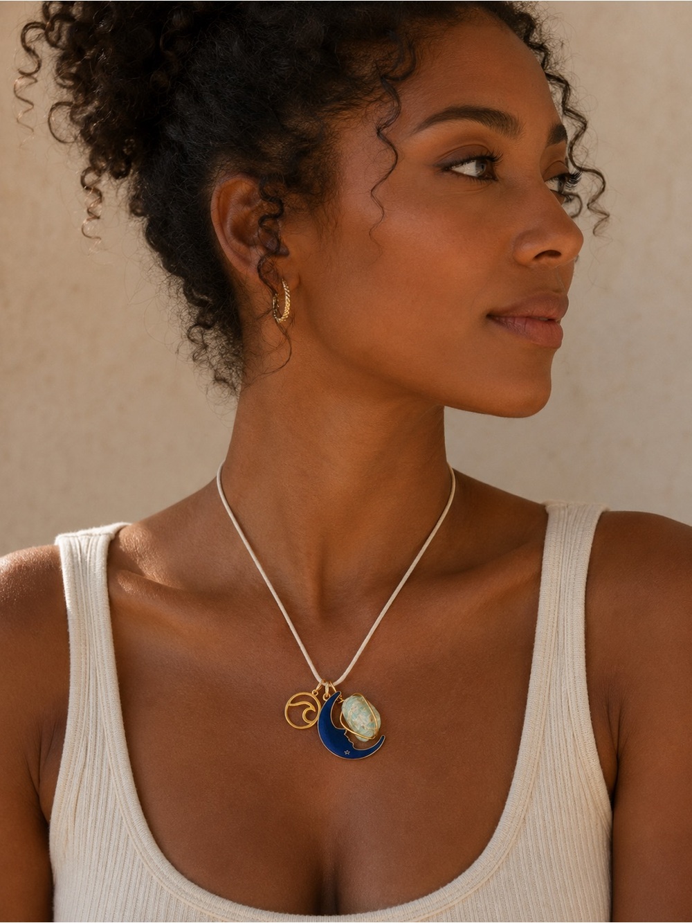 Gold Wrapped Amazonite and Blue Crescent Moon with a Golden Wave Necklace